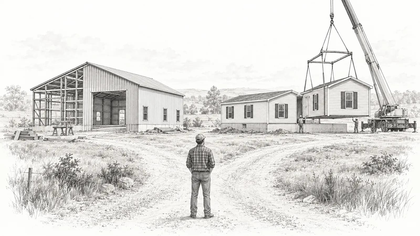 Pencil sketch of a homeowner at a rural fork in the road, with a barndominium under construction on the left and a modular home being crane-set on the right