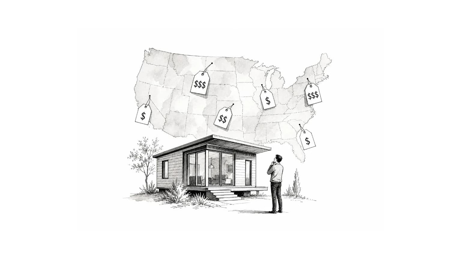 Sketch of a modular home and a buyer looking at a U.S. map with regional price tags