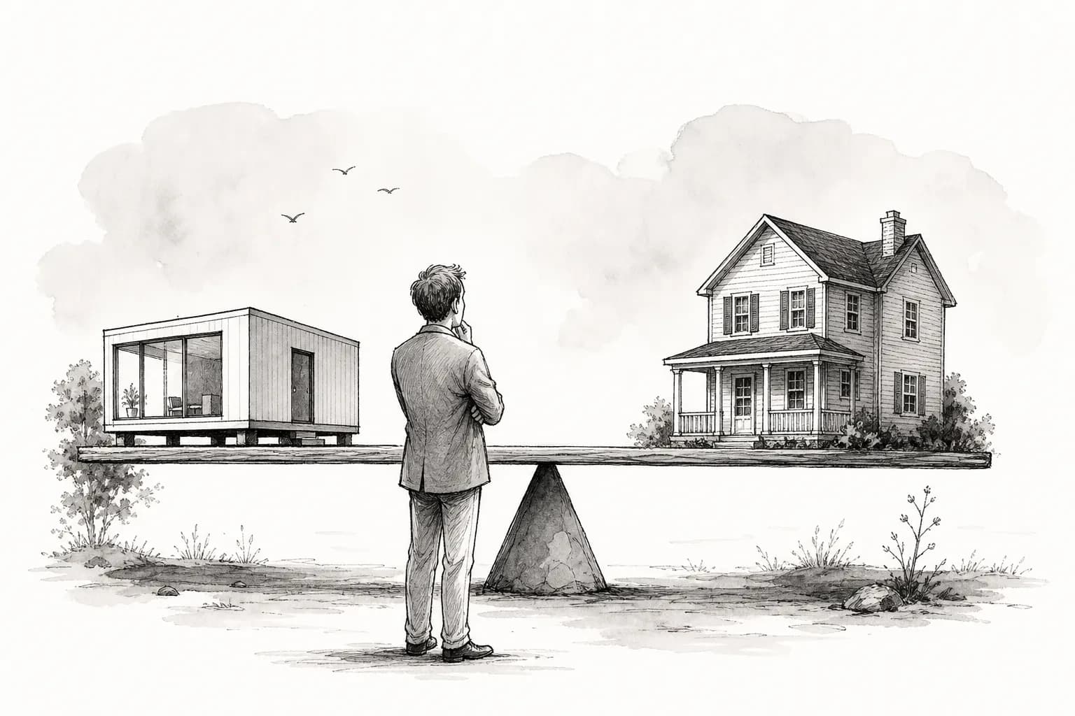 Sketch of a man balancing a small modular home against a traditional site-built house on a seesaw, with the two sides level