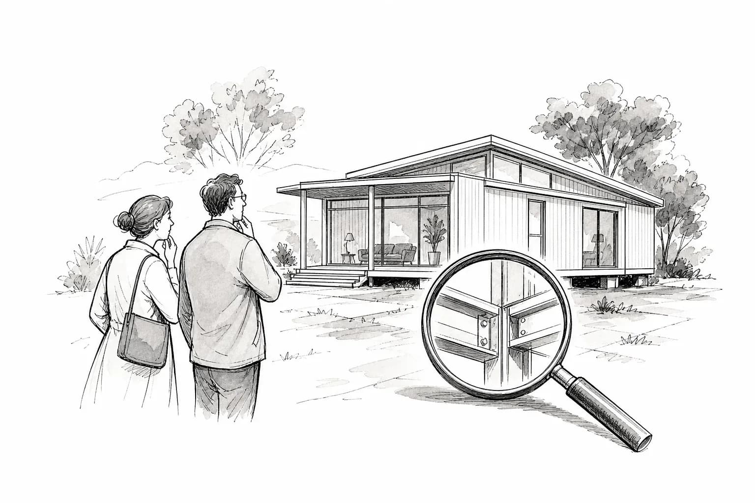 Sketch of a couple inspecting a prefab home's steel-beam construction through a magnifying glass
