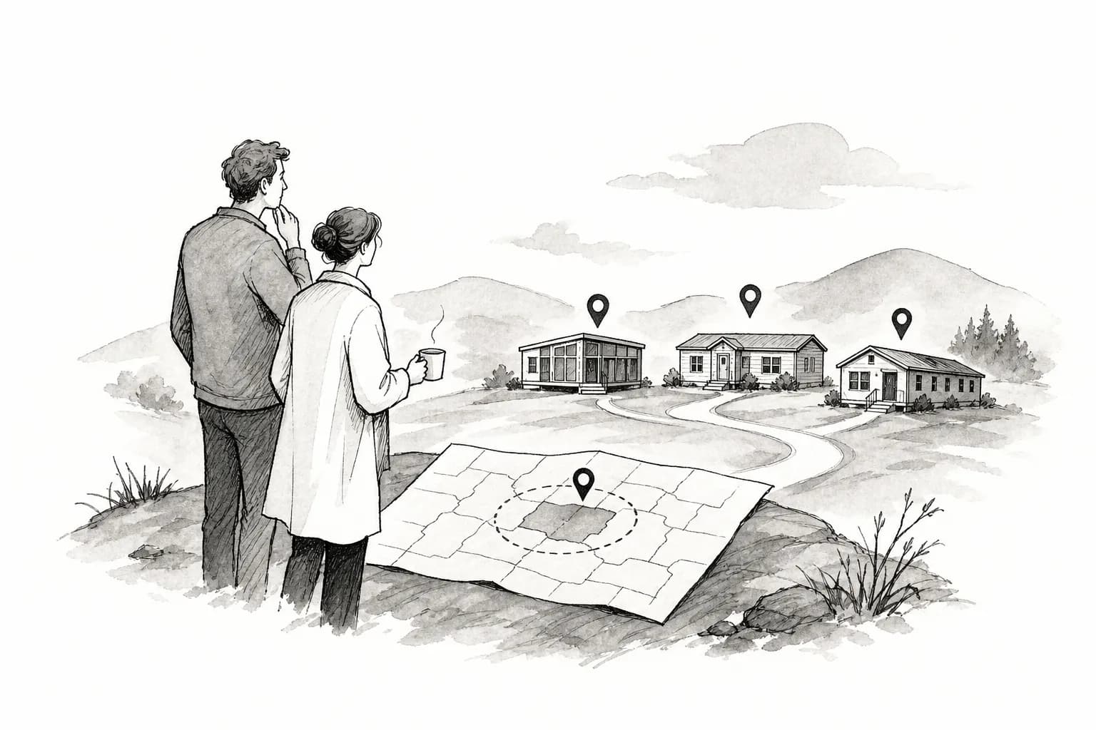 Buyers studying a county map while modular homes with location pins sit across the hills below