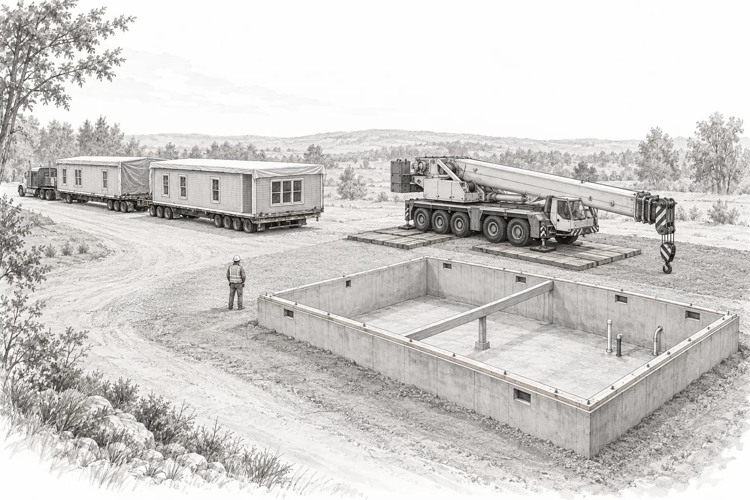 Pencil sketch of a prepared modular home site: poured foundation with anchor bolts and utility stubs, a crane on timber mats, and two module trucks on a gravel access road
