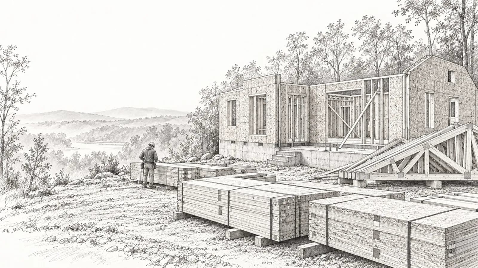 Architectural illustration of a kit home under construction on a hillside, with bundled lumber, wall panels, and roof trusses staged for assembly