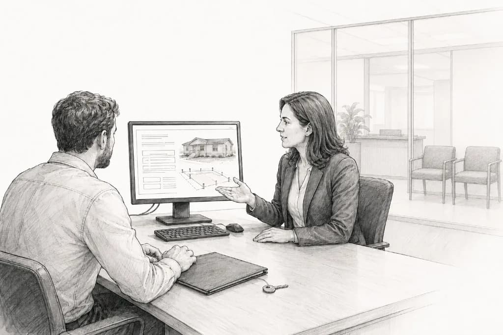 Homebuyer discussing conventional modular home financing with a lender