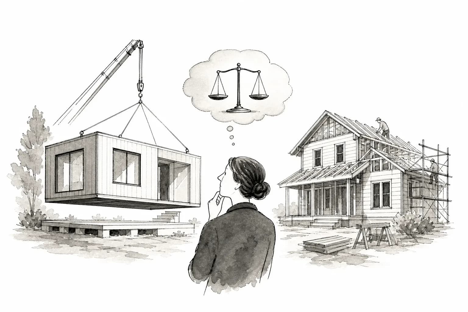 Illustration of a woman weighing a modular home lifted by crane against a stick-built home under construction, with a balance scale in a thought bubble above her