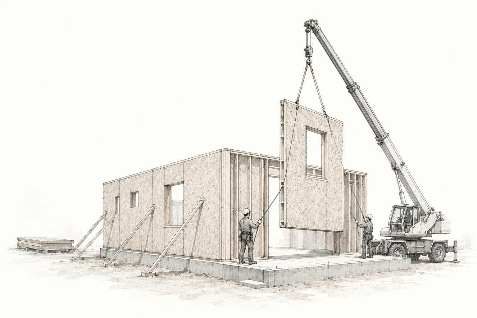 Crane lowering a factory-built wall panel onto a slab foundation while workers guide it into place