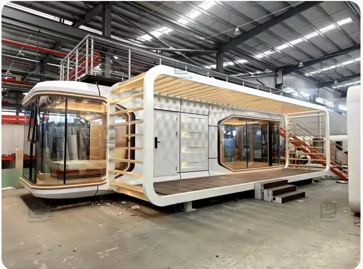 White double-deck space capsule prefab home on a Chinese factory floor