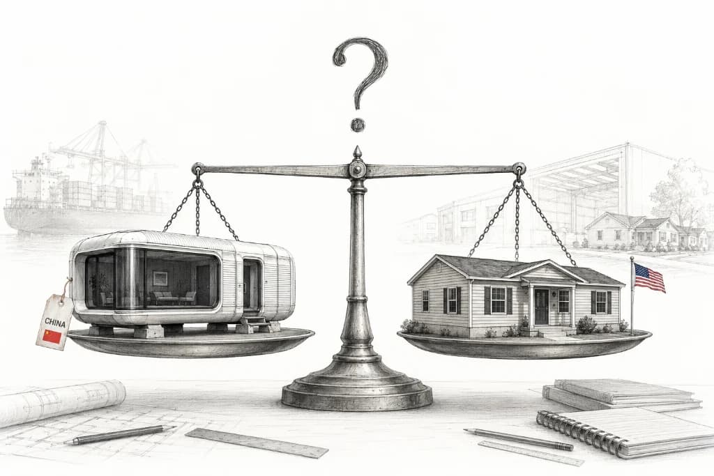 Sketch comparing prefab homes from China and US modular homes on a balance scale
