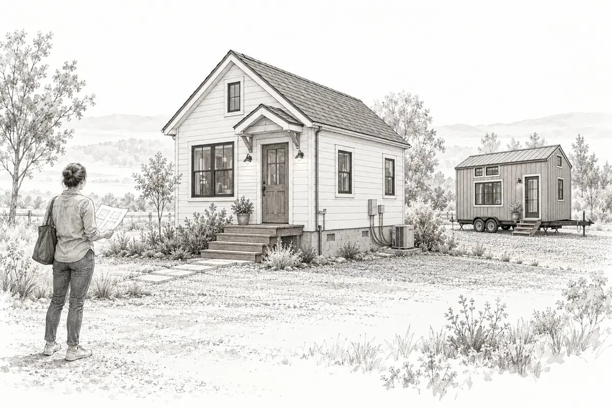 Sketch of a buyer holding plans in front of a small prefab tiny home on a permanent foundation, with a tiny house on wheels parked on a trailer behind it