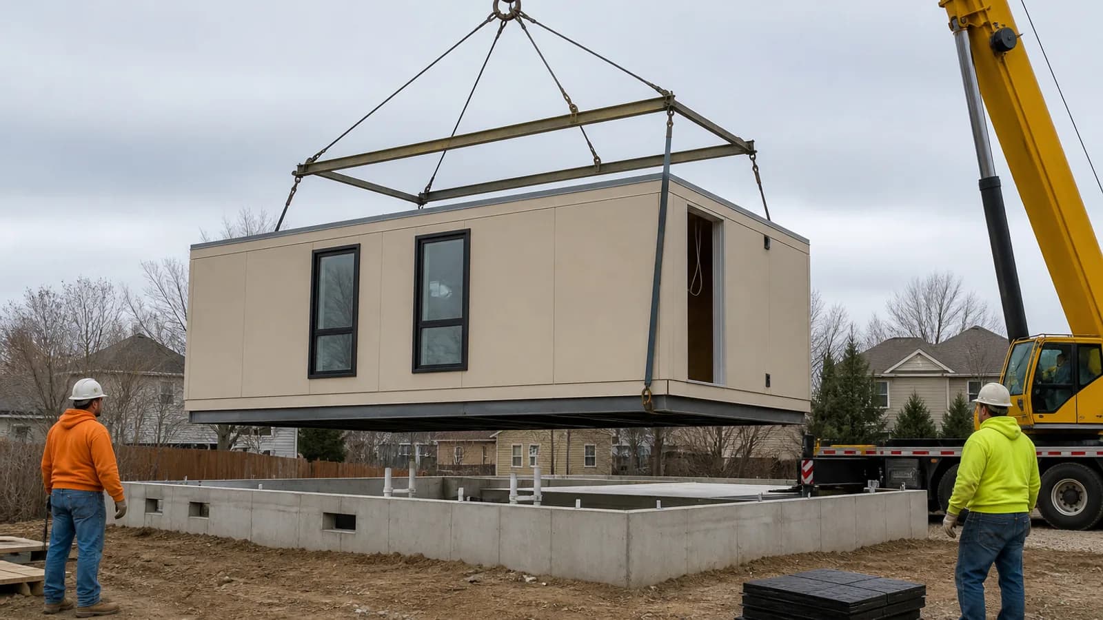 Crane setting an American volumetric modular home section onto a concrete foundation