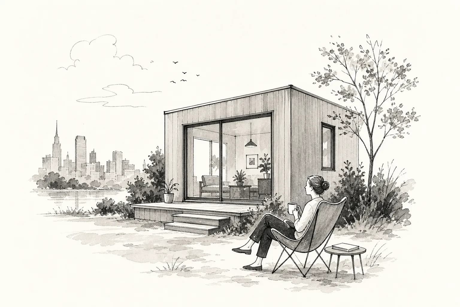 Sketch of a small modern modular cottage by the water with a woman relaxing outside on a chair, a city skyline in the distance