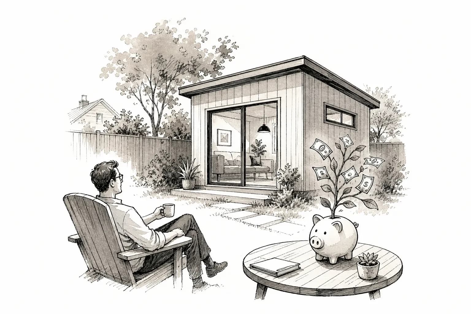 Sketch of a homeowner looking at a backyard prefab ADU with a piggy bank on a side table