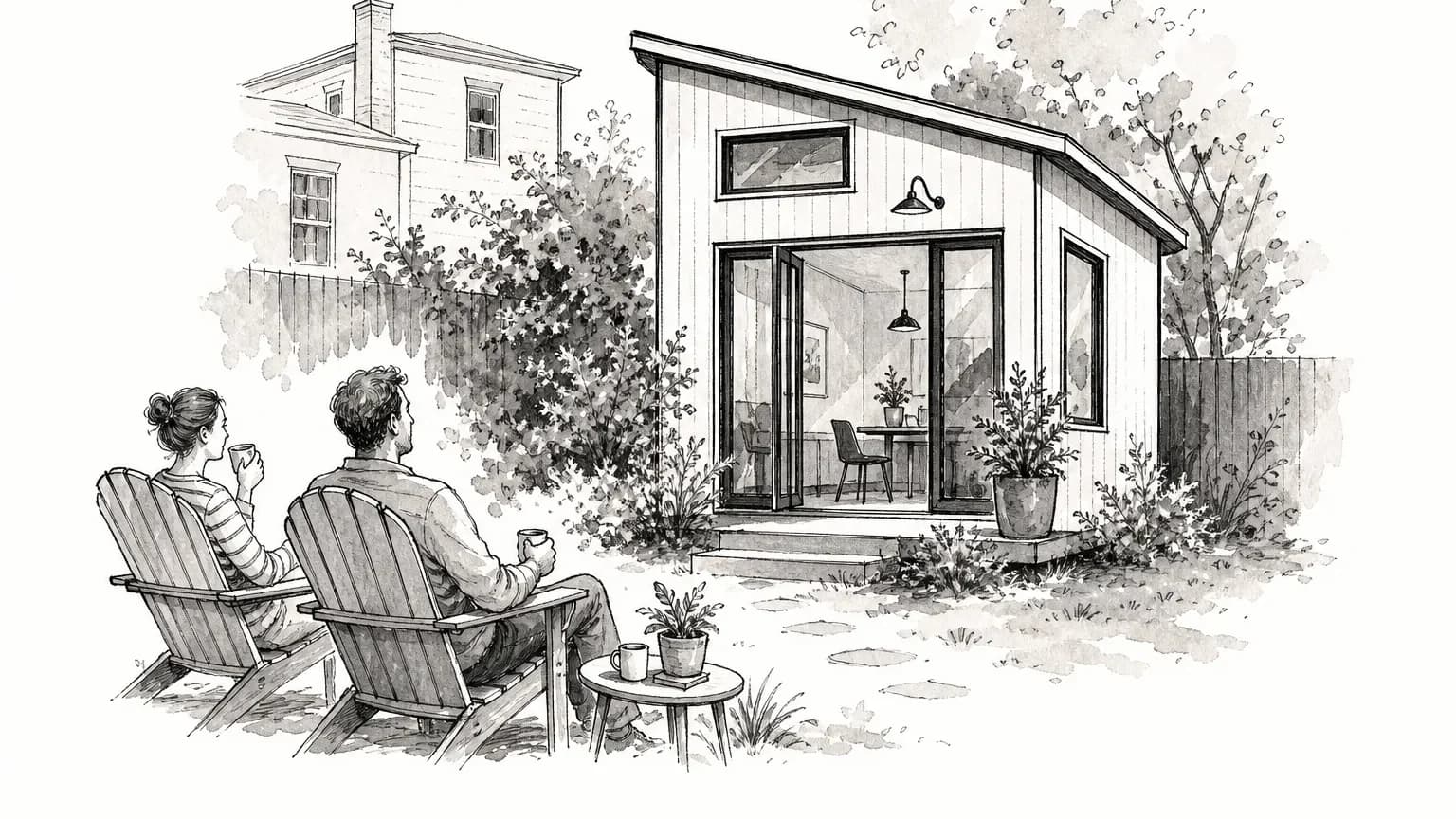 Backyard accessory dwelling unit with open glass doors beside a primary house